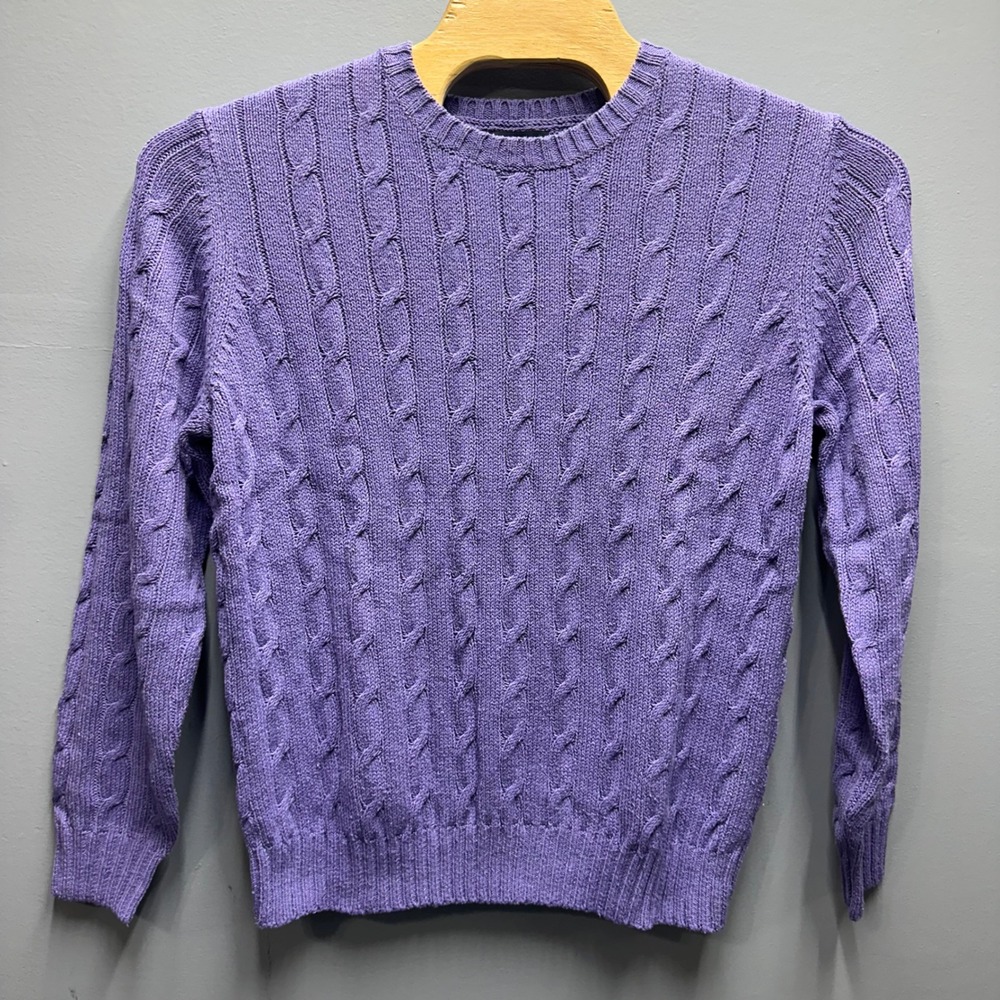 Lands End Mens Silk Cotton Cable Knit Crewneck Sweater Amethyst Purple Large L
